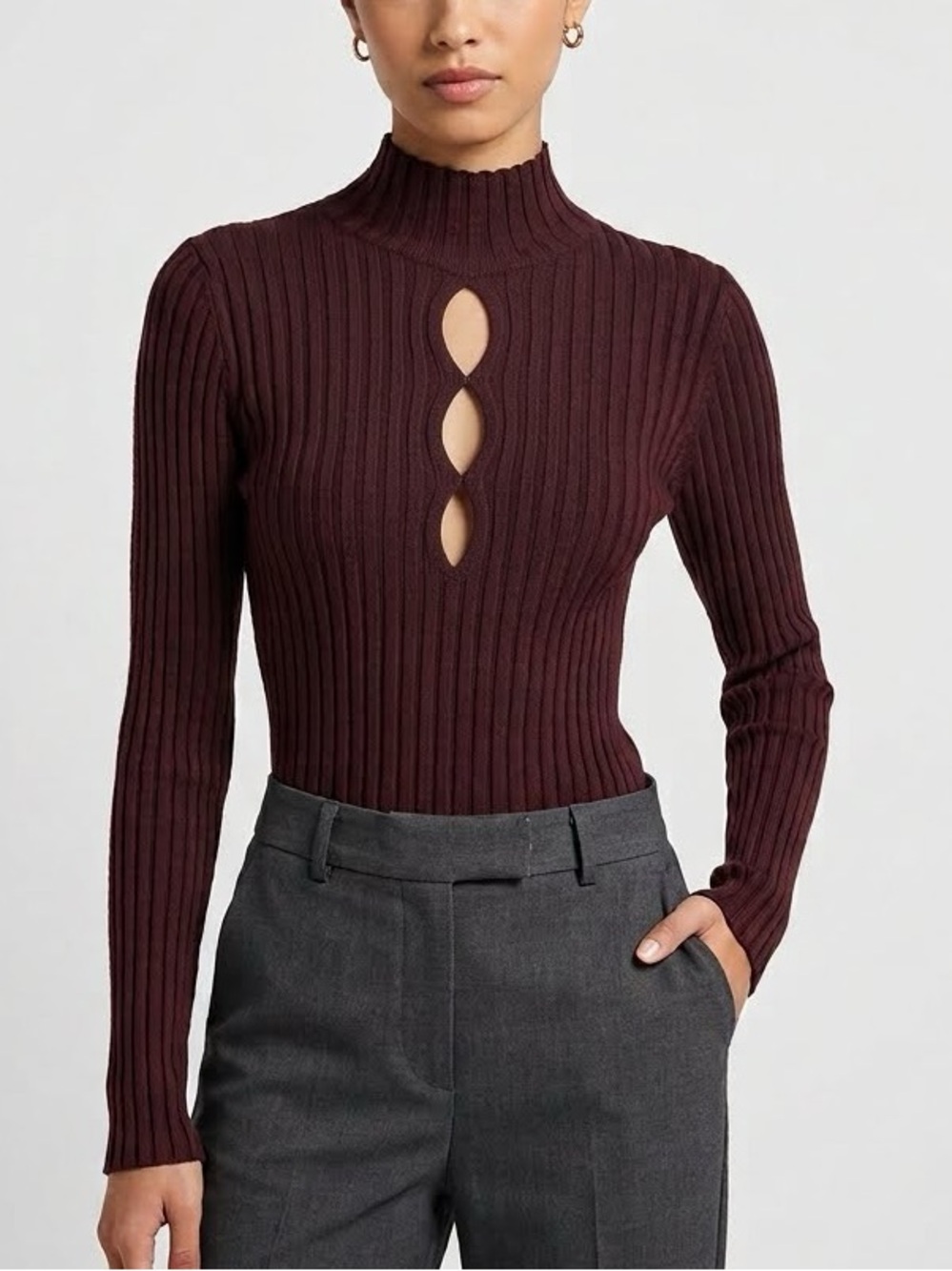 Sugar Moon Woman’s Ribbed Mock Neck Long-Sleeve Top Brown Fall Small